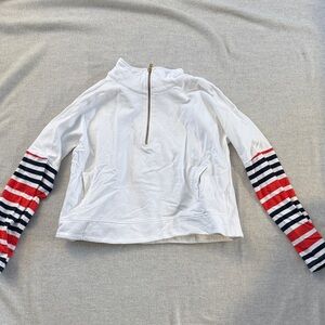Stylish White Quarter-zip Sweatshirt with Striped Sleeves